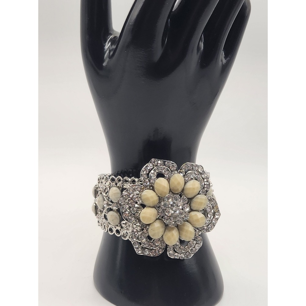 Silver‎ Tone Cream Floral Rhinestone Stretch Cuff Bracelet Filigree Statement